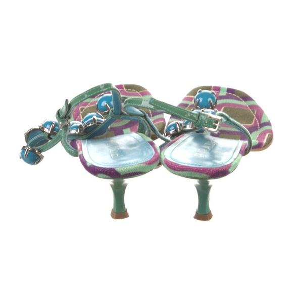 Vintage Prada Sandals T-Strap Kitten Heels Mules Jewel Accents Pattern Y2k 40 - Picture 6 of 6